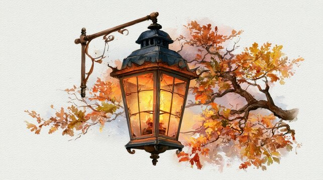 Spooky lantern vintage light oak foliage seasonal decoration cozy atmosphere flat design side view haunted cottage theme water color colored pastel.