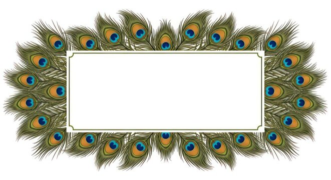 Elegant rectangular frame bordered by vibrant peacock feathers