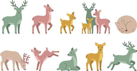 Obraz premium Cute Deer Family Vector Illustration Collection Featuring Stag Doe and Fawn Icons in Various Poses for Woodland Forest Wildlife and Baby Nursery Designs