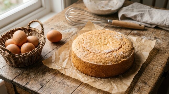 Freshly baked homemade sponge cake on a rustic wooden table with a basket of eggs and a whisk