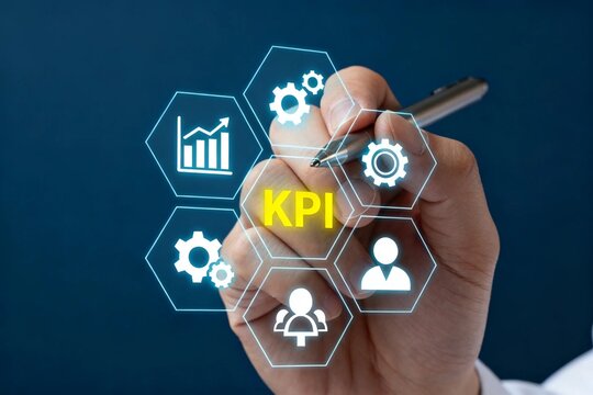 Hand Holding KPI Icons on Digital Screen