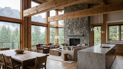 Fototapeta premium Rustic Luxury Living Room with Mountain Views and Stone Fireplace