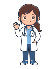 Fototapeta premium Little girl doctor character standing and waving illustration