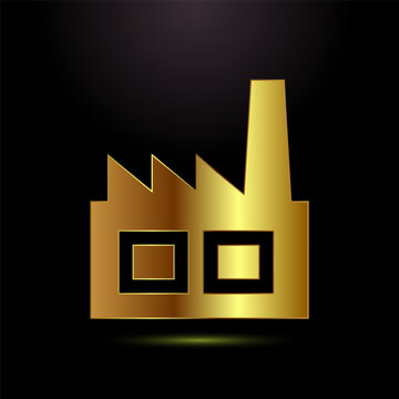 Golden factory building icon isolated on black background for industrial production.