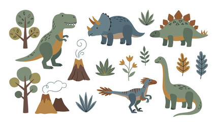 Dinosaur Forest Illustration with Prehistoric Trees in Cute Kawaii Style © Felipe