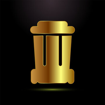 Waste bin icon isolated on black background featuring a shiny golden metal design.