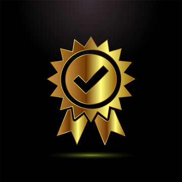 Award ribbon with check mark symbol in gold on black background glossy metallic.