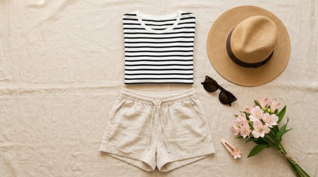 Summer outfit with striped tshirt, linen shorts, straw hat, and flowers