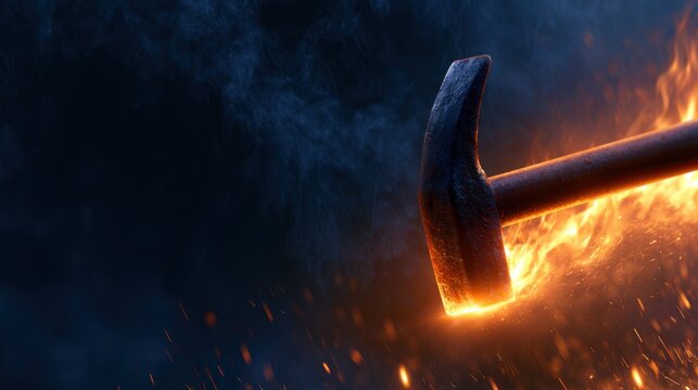 A metallic hammer striking through flames against a dark smoky background