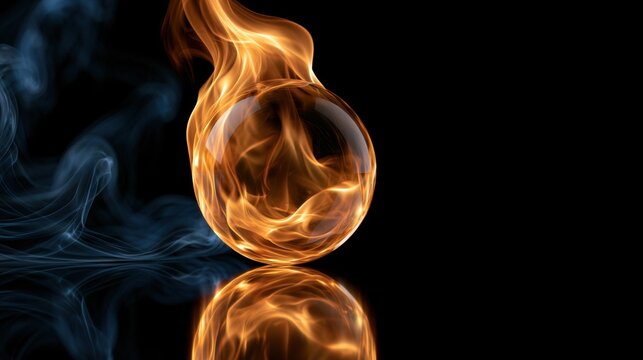 A mesmerizing glass orb surrounded by swirling flames and smoke on a dark background