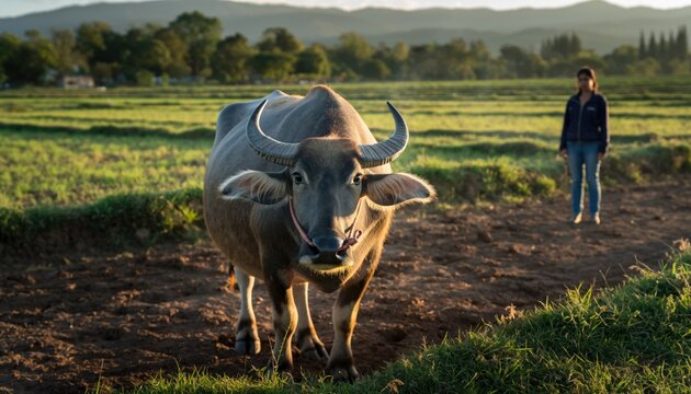 Water buffalo in rural field at golden hour with farmer in the background