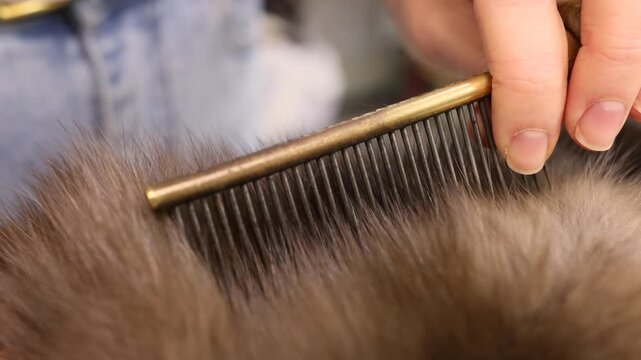 Specialized comb brushes through animal pelt fibers demonstrating furrier grooming techniques and material preparation in traditional craft workshop environment for professional use