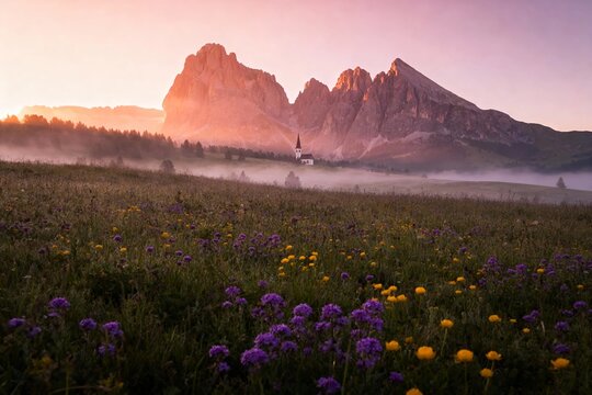 Misty alpine meadow with wildflowers at sunrise, featuring distant mountains and a small church