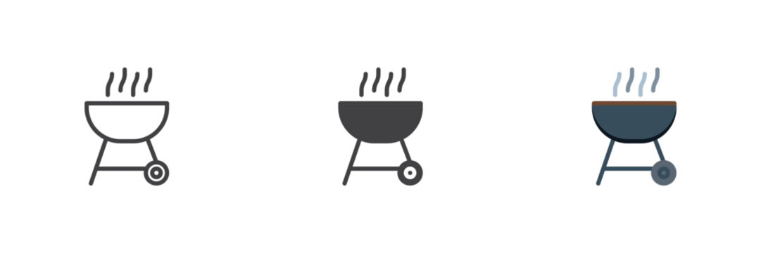 BBQ grill icon, steaming kettle barbecue with wheel in line, solid and flat icon styles. Color and colorful vector sign, symbol for cookout.