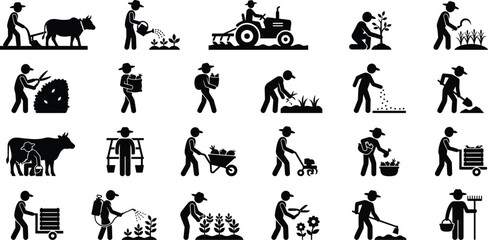 Obraz premium Farmer silhouettes working in field, agriculture farming icons, tractor plowing harvest activities, backyard garden work collection for image