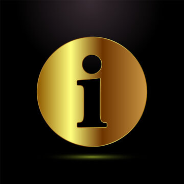 Information symbol in golden circle with shadow effect on black background graphic.