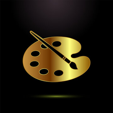 Artist paint palette with brush in golden gradient on black background illustration.