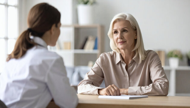 An older woman with blonde hair and a beige blouse is attentively listening to a younger woman in a white coat, presumably in a professional consultation setting