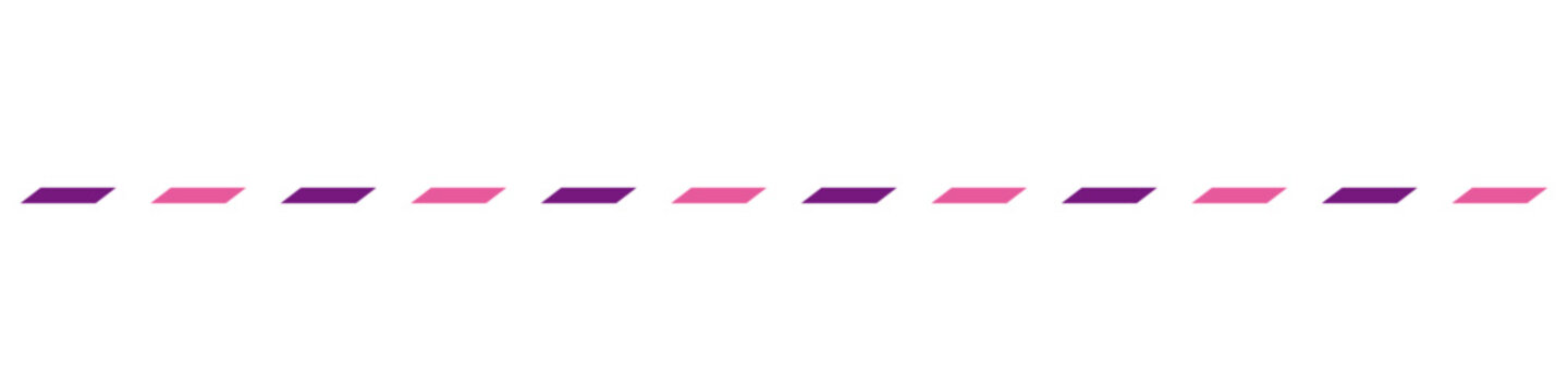 Horizontal dashed line composed of alternating purple and pink parallelogram shapes on a transparent background