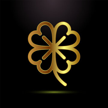 Four leaf clover symbol in golden outline gradient on black background illustration.