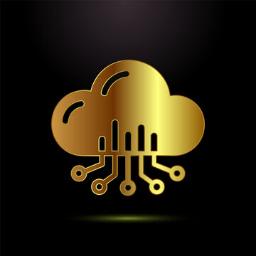 Cloud computing symbol with circuit board design in golden gradient on black background.