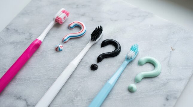 Three toothbrushes with different colored toothpaste shaped like question marks on a marble surface