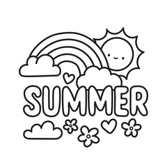 Naklejka premium Summer coloring page featuring a smiling sun, rainbow, fluffy clouds, flowers, hearts, and bold lettering. Perfect for seasonal coloring books, printable activities, classroom fun, and relaxing creati