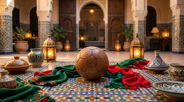 Morocco inspired soccer ball scene in traditional riad courtyard with lanterns, mosaic tiles and cultural decor for World Cup football concept