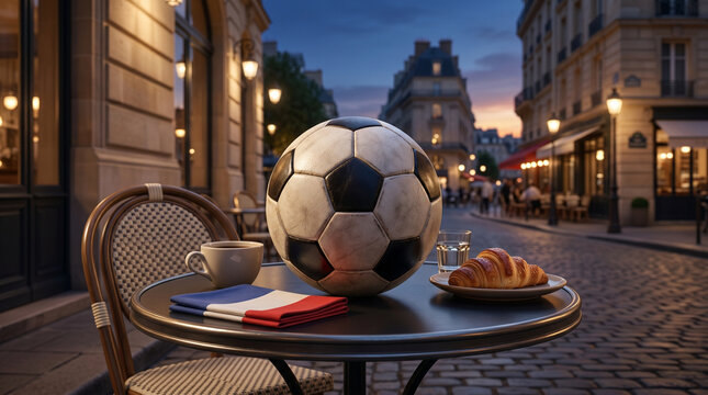 France and Morocco inspired soccer ball scene with stadium, cultural decor and cafe setting for World Cup match concept