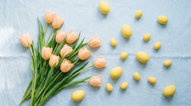 Bouquet of peach tulips and yellow easter eggs on a light blue background