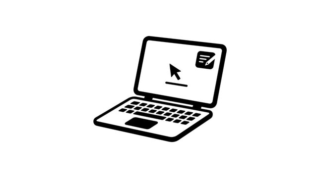Simple laptop computer with cursor and screen icons on white background