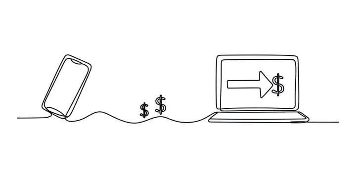 Continuous line drawing of smartphone and laptop with money