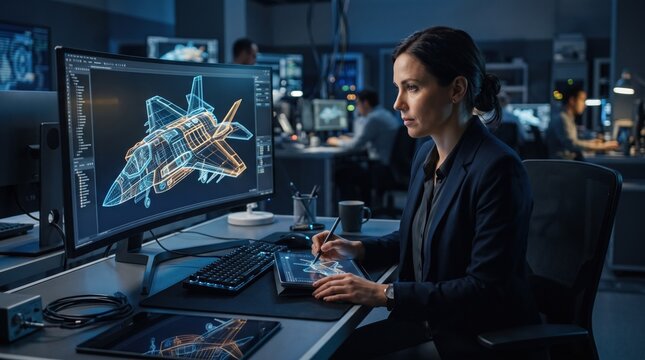 Female aerospace engineer working on advanced aircraft blueprint 3d model on computer screen