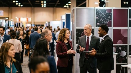 Obraz premium Business professionals networking and discussing ideas at a conference exhibition hall