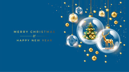 Merry Christmas and Happy New Year elegant business blue background with golden glass, Christmas tree, reindeer ornaments - Great template for company social media, luxury holiday corporate cards © forestgraphic