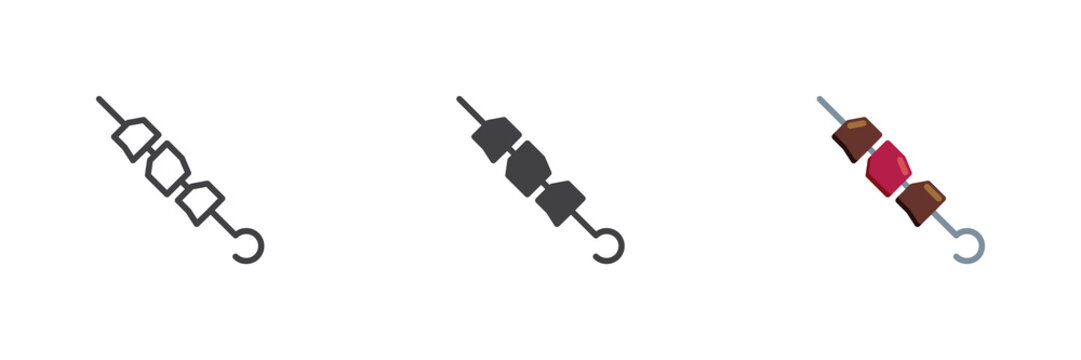Shish kebab skewer icon in line, solid, flat color colorful vector sign. Shish kebab skewer icon set symbol for BBQ, meat cubes and grill.