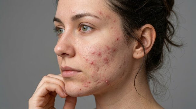 Portrait of a young woman experiencing acne and skin problems without makeup