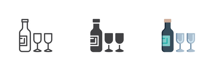 Obraz premium Wine bottle and glasses icon in line, solid, flat color colorful vector sign. Wine bottle and glasses icon set symbol for bar, drinks and party.