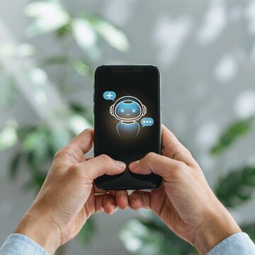 Hands holding smartphone with chatbot interface on screen