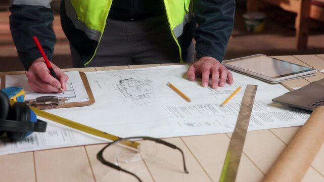 Blueprint, hands and laptop in workshop with clipboard, carpentry plan or feedback in building review. Checklist, person and scroll with digital tech, report or evaluation on woodwork project