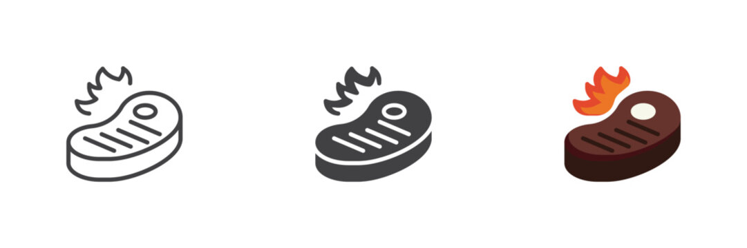 Grilled beef steak icon in line, solid, flat color colorful vector sign. Grilled beef steak icon set symbol for flame BBQ, cookout and meat.