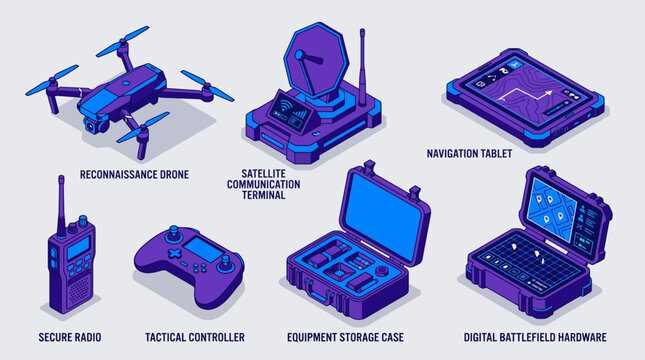Isometric military intelligence and defense technology vector set. Reconnaissance drone, satellite communication terminal, navigation tablet, and secure radio icons isolated.