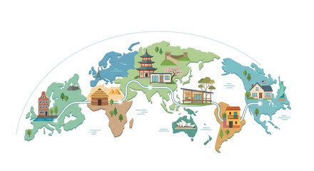 Naklejka premium World map infographic showing diverse international residential housing styles and global travel connections between continents