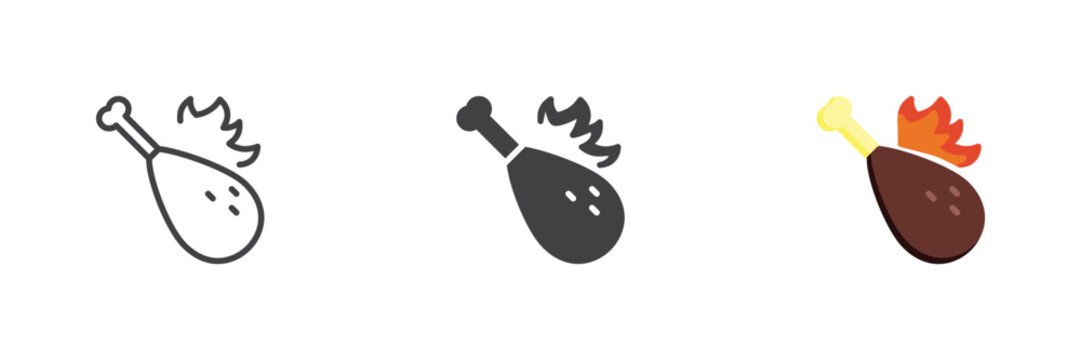 Spicy chicken leg icon with bone, char marks and flame in line, solid and flat colorful color styles. Vector BBQ food sign, symbol icon for barbecue menu.