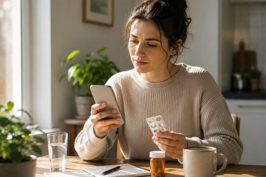 Thoughtful Woman Checking Medication Reminder
