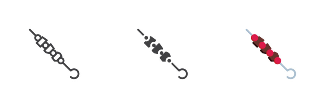 Shish kebab skewer icon with meat cubes, vegetables and hook in line, solid and flat colorful color styles. Vector BBQ sign, symbol icon for grill menu.
