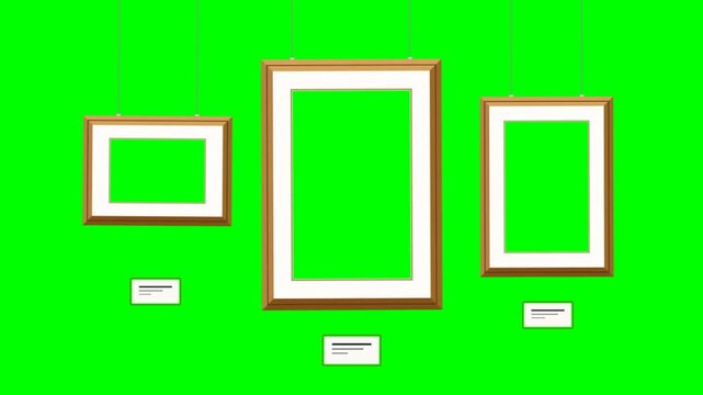 three empty picture frames hanging, clean minimalist illustration, professional art gallery mockup, integrated green screen chroma key background