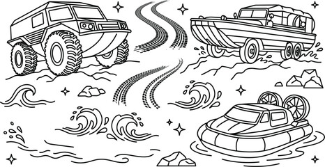 Hand drawn amphibious vehicles vector set with hovercraft swamp boat monster truck tire tracks waves and stars, © MdShakib