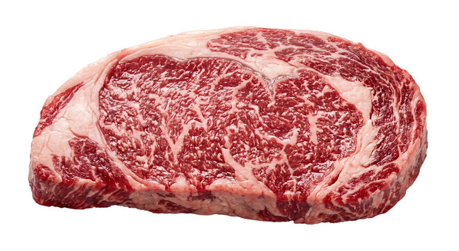 Prime marbled ribeye steak, rich red meat with intricate fat marbling for gourmet cooking