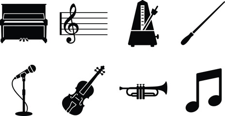 Classical music and orchestral performance vector icons set featuring piano violin trumpet metronome and musical notes © ORCHONA